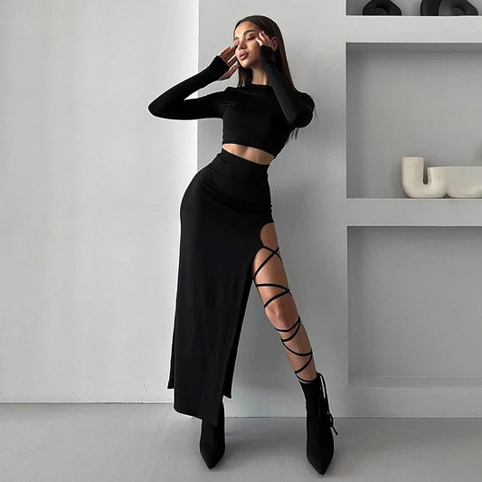 CUTENOVA Pullover Long Sleeve Simple Crop Top Elastic Waist Halter High Split Legless Sexy Tie Solid Colour Half Skirt Set