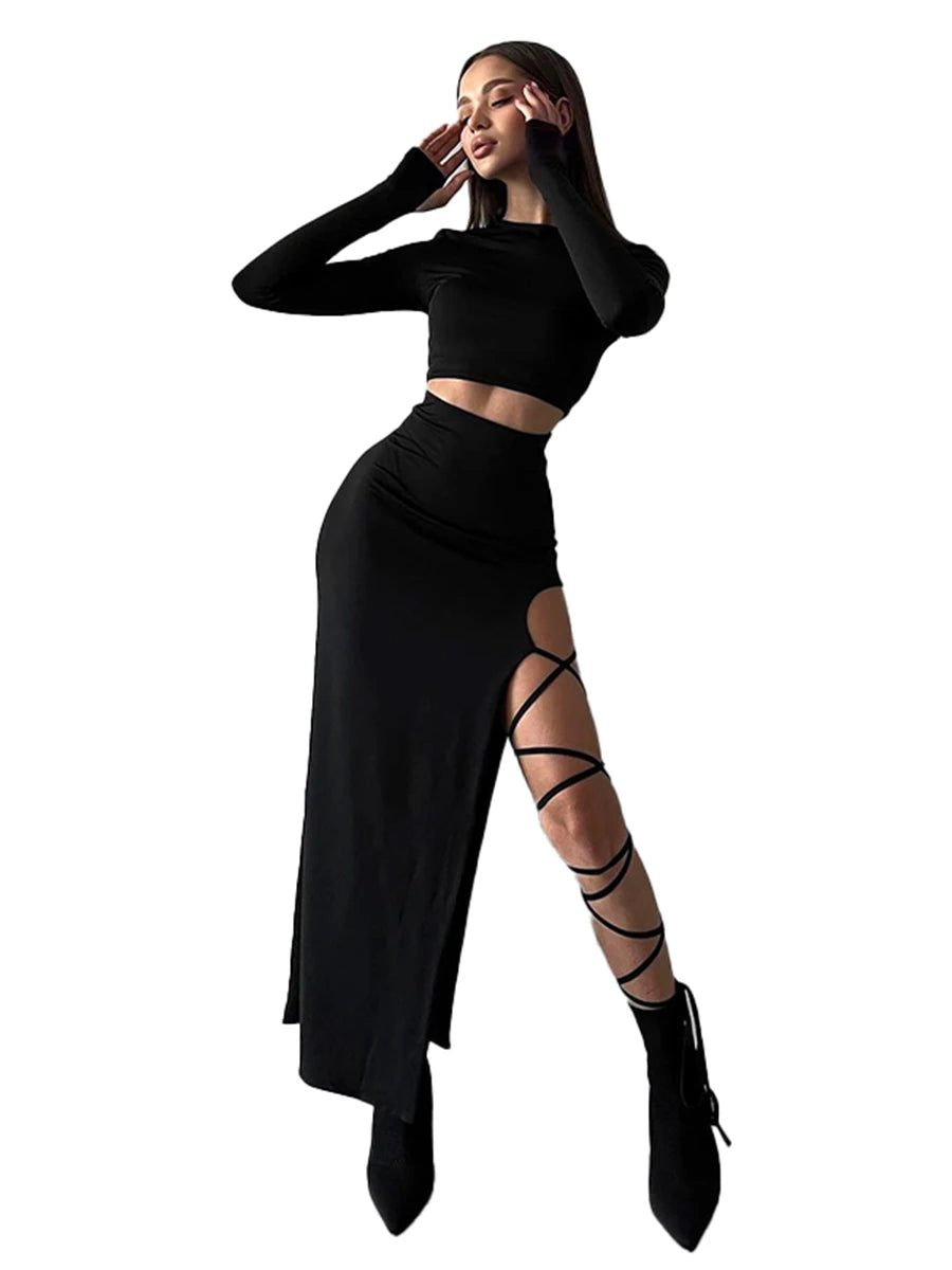 CUTENOVA Pullover Long Sleeve Simple Crop Top Elastic Waist Halter High Split Legless Sexy Tie Solid Colour Half Skirt Set