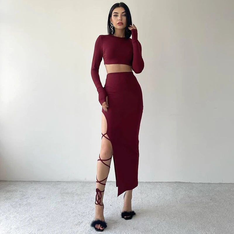 CUTENOVA Pullover Long Sleeve Simple Crop Top Elastic Waist Halter High Split Legless Sexy Tie Solid Colour Half Skirt Set