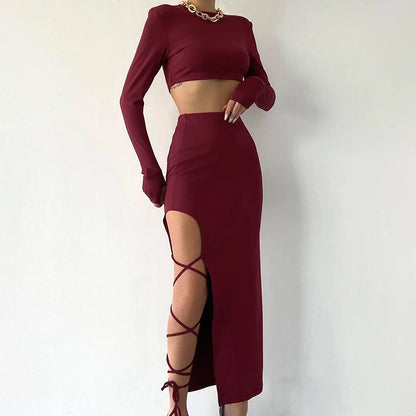 CUTENOVA Pullover Long Sleeve Simple Crop Top Elastic Waist Halter High Split Legless Sexy Tie Solid Colour Half Skirt Set