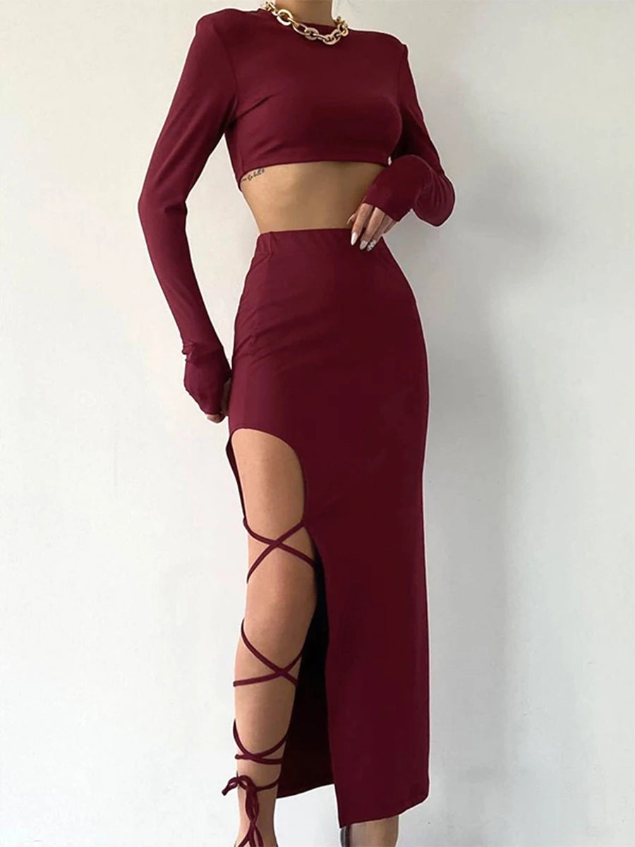 CUTENOVA Pullover Long Sleeve Simple Crop Top Elastic Waist Halter High Split Legless Sexy Tie Solid Colour Half Skirt Set