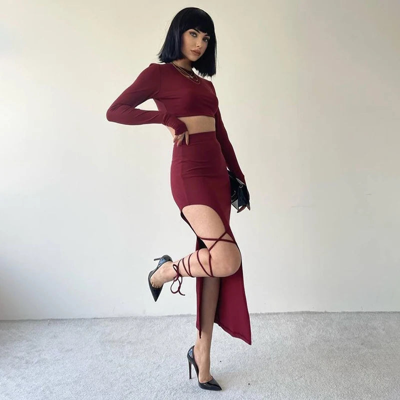 CUTENOVA Pullover Long Sleeve Simple Crop Top Elastic Waist Halter High Split Legless Sexy Tie Solid Colour Half Skirt Set